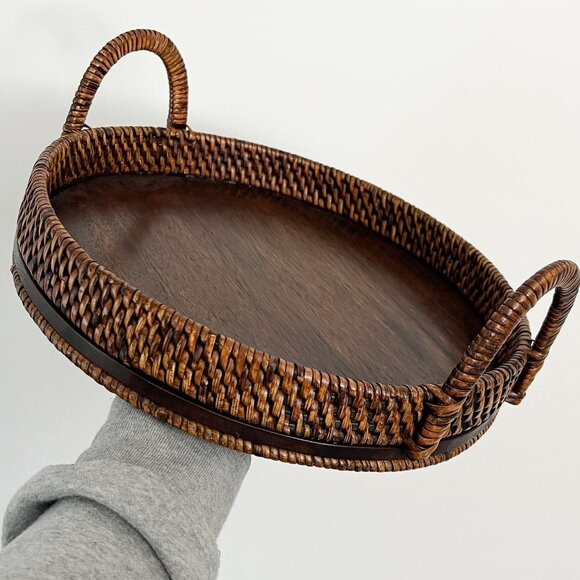 vintage Other - boho brown wooden rattan round tray with handles